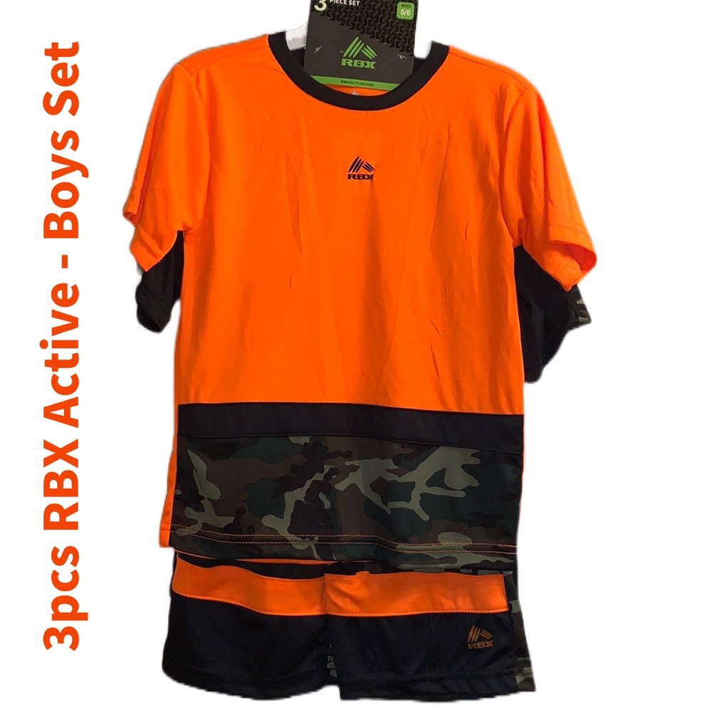 RESERVED 3Pcs Boy’s Active Short Set Orange and Black with Camouflage Details